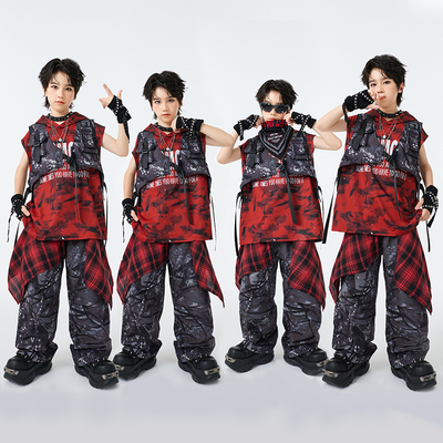 儿童街舞潮服男童嘻哈马甲女童酷帅短袖少儿hiphop穿搭演出服套装