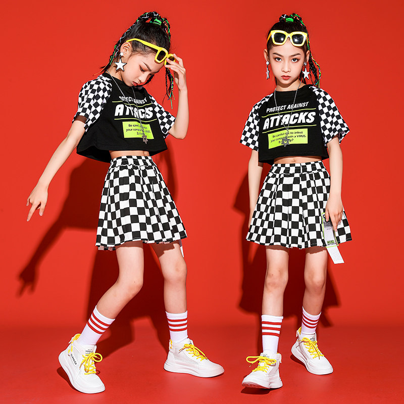 六一儿童啦啦队服装帅气炸街格子潮装女孩露脐街舞嘻哈潮服演出服