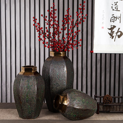景德镇土化羽陶瓷花瓶菱形青铜陶瓷客厅台面桌面摆件家居装潢古典
