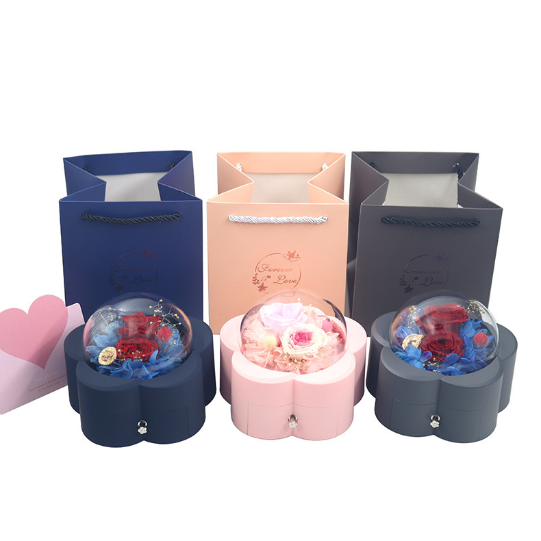 新品年新款梅花形永生花亚克力首饰盒真花饰品耳钉戒指项链盒