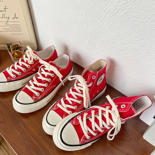 新色 大红色1970s高帮帆布鞋女经典韩版ins百搭情侣板鞋