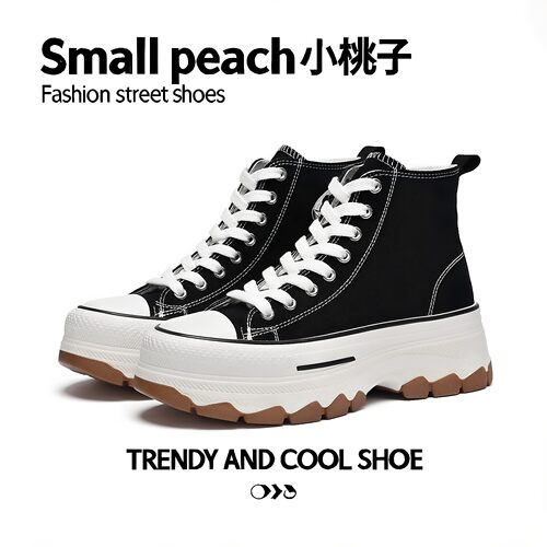 厚底增高1970s经典高帮板鞋黑色复古风日系波浪底女鞋休闲帆布鞋