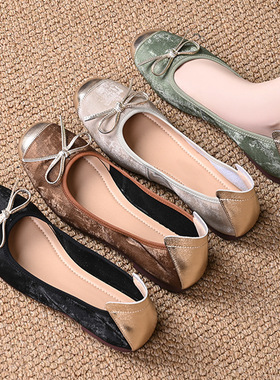 气质蛋卷鞋2024新国风拼色复古中式圆头浅口单鞋女软底平底芭蕾鞋