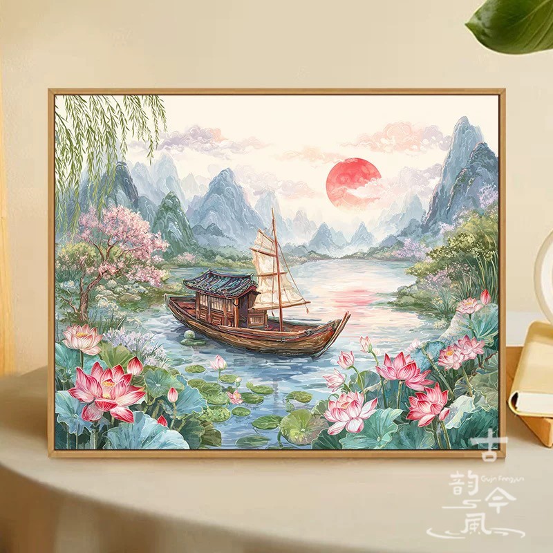 【莲舟晚照】高级感十字绣2025新款满绣治愈系风景手工刺绣钻石画
