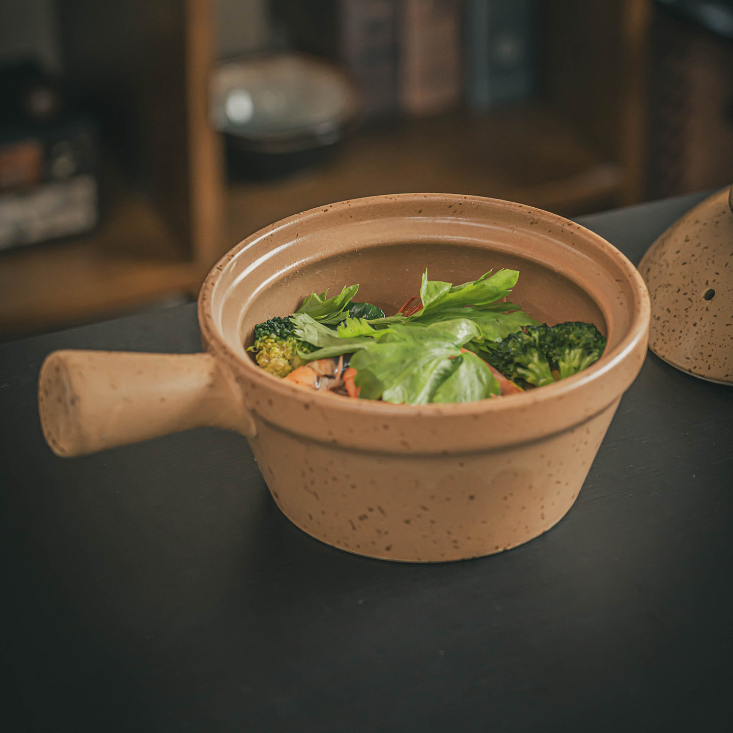 简约手工棕色陶瓷带手柄汤碗食物碗家用蔬菜碗炖锅沙拉碗厨房餐具