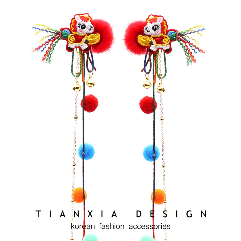 儿童红马流苏编发彩色毛球发夹女童公主铃铛链条长款对夹过年头饰,童装/婴儿装/亲子装,发饰,淘宝优惠券,粉丝福利购,淘宝优惠卷