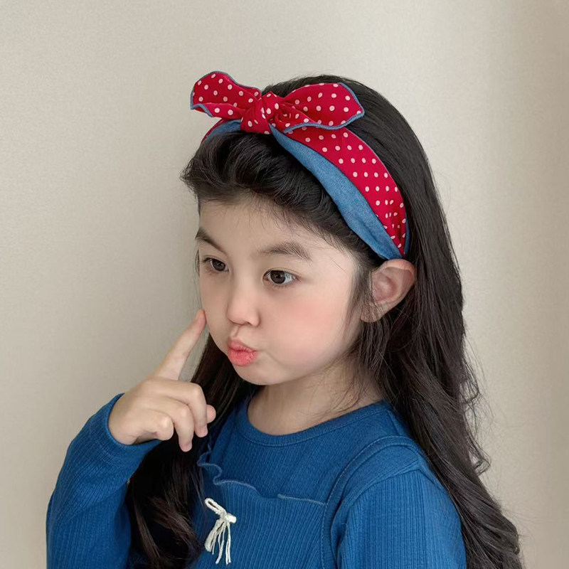 韩国女童红波点牛仔蝴蝶结发箍儿童不伤发宽边头箍宝宝布艺发卡新