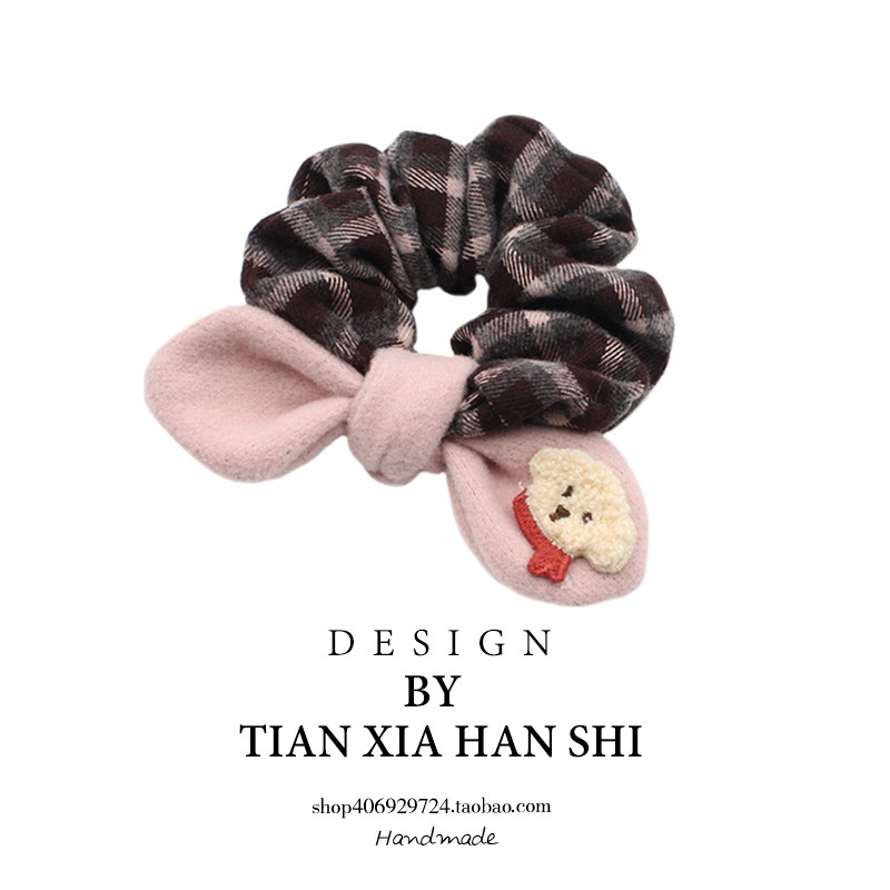 格子布艺大肠圈儿童兔耳朵卡通狗狗不伤发头绳女童简约发圈毛呢潮