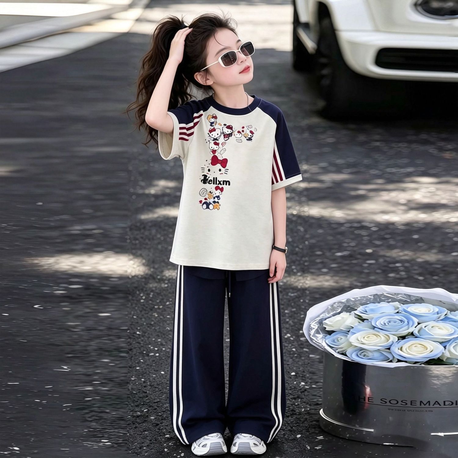 女童短袖套装夏季2026新款洋气儿童休闲女孩夏装半袖t恤两件套潮