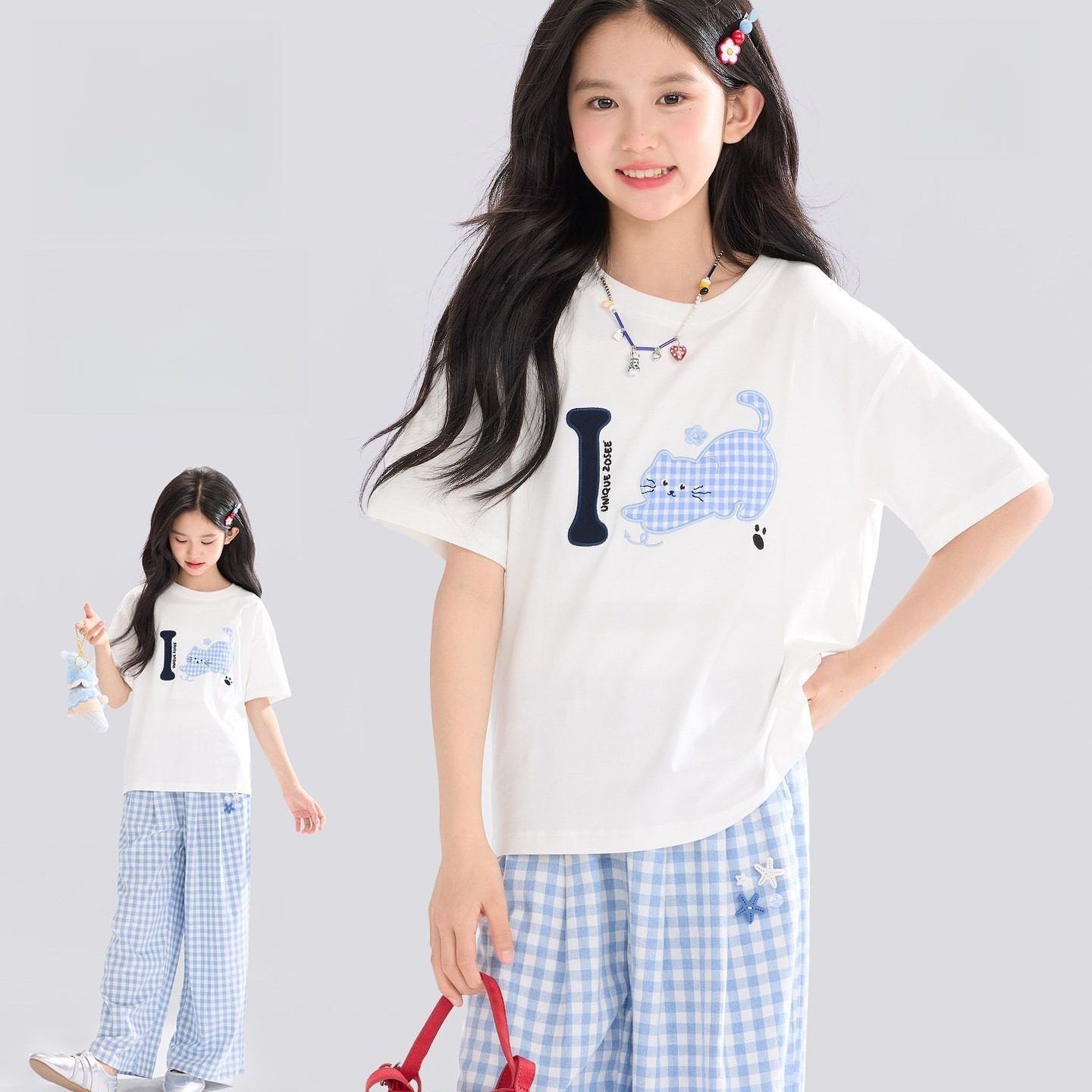 儿童女童短袖T恤夏装2026新款女孩大童格子阔腿裤洋气两件套童装
