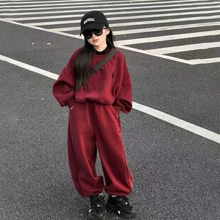 女童加绒套装2026新款中大童秋冬印花加厚女孩简约休闲运动两件套