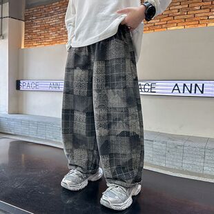 男童格子裤子秋款2026新款儿童春秋装运动休闲裤男孩中大童直筒裤