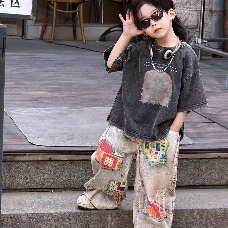 男童夏季套装新款做旧儿童短袖印花T恤帅气时髦炸街裤子两件套