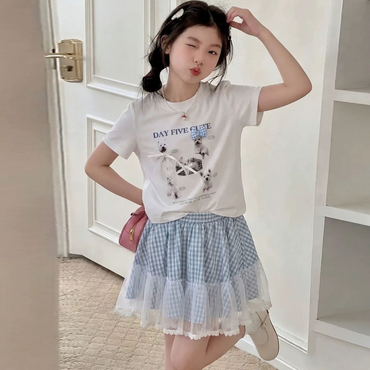 2026夏季新洋气韩版女童卡通短袖T恤儿童花边格子短裙套装两件套