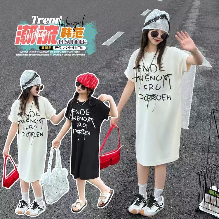 女童夏季连衣裙2026新款中大童休闲T恤裙韩版女孩夏装时尚直筒裙