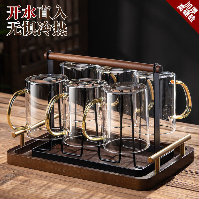 耐高温玻璃水杯套装家用客厅高颜值胡桃木柄泡茶杯家庭喝水杯6只
