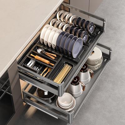 拉篮厨房橱柜太空铝双层抽屉式碗架收纳调味内置橱柜铝合金碗碟篮