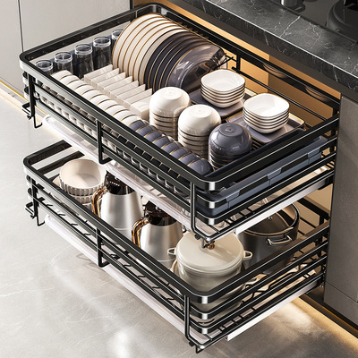 尔沫拉篮厨房橱柜碗篮家用不锈钢双层抽屉式收纳碗碟架柜厨柜拉蓝