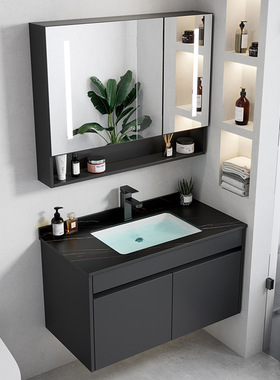 黑色加厚太空铝厕所浴室柜组合酒店岩板一体洗漱台池卫生间洗手盆