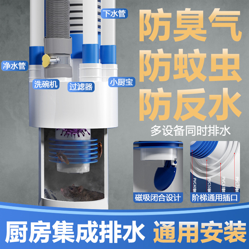 厨房下水管三通洗菜池排水三头通前置过滤器排水二合一防返臭神器
