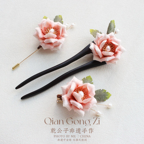 新品非遗蚕丝绒花玫瑰发簪胸针发夹中式国风发饰马面裙汉服日常款