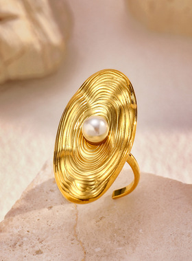 欧美时尚不锈钢几何椭圆珍珠戒指女式活口钛钢指环电镀18K金饰品