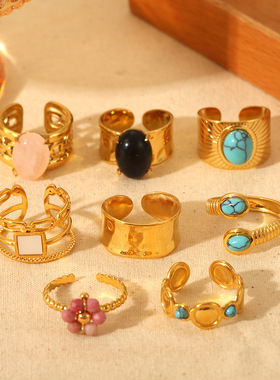 法式复古个性爆款手饰不锈钢镀18K金天然石花朵松石几何开口戒指