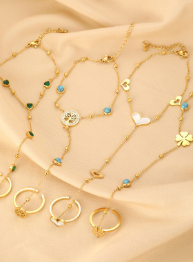 跨境新品小众设计彩色爱心手背链女生戒指手链一体不锈钢镀金