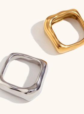 欧美跨境热卖简约正方形几何戒指316L不锈钢镀18K金色个性指环饰