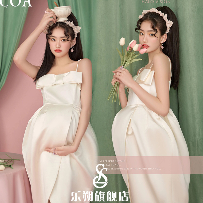 孕妇照片写真服装法式少女小清新孕妈咪大肚照片摄影拍照吊带礼服