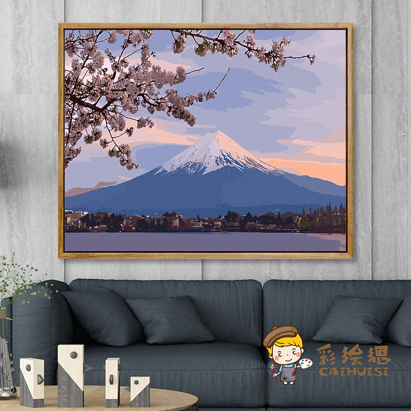 数字油画diy 风景花卉日本富士山樱花手工填充手绘填色客厅装饰画