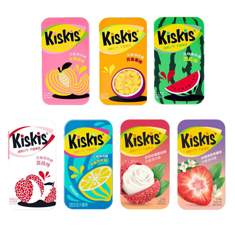 酷滋kiskis无糖薄荷糖亲嘴接吻约会口气清新糖果水果口香糖铁盒装