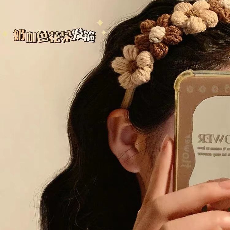 奶咖色~软糯甜美毛线花朵发箍女森系仙美少女ins秋冬复古发卡头箍