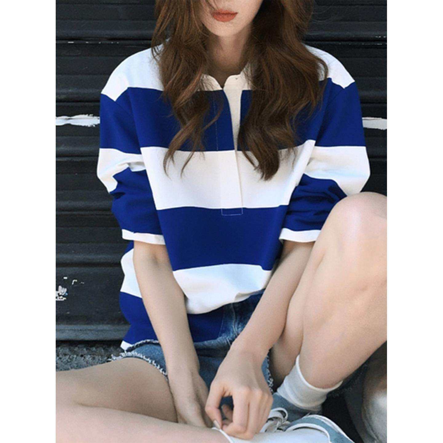 JOYIASS上衣女装秋季2025新款外贸原单美式chic多巴胺蓝白条纹长