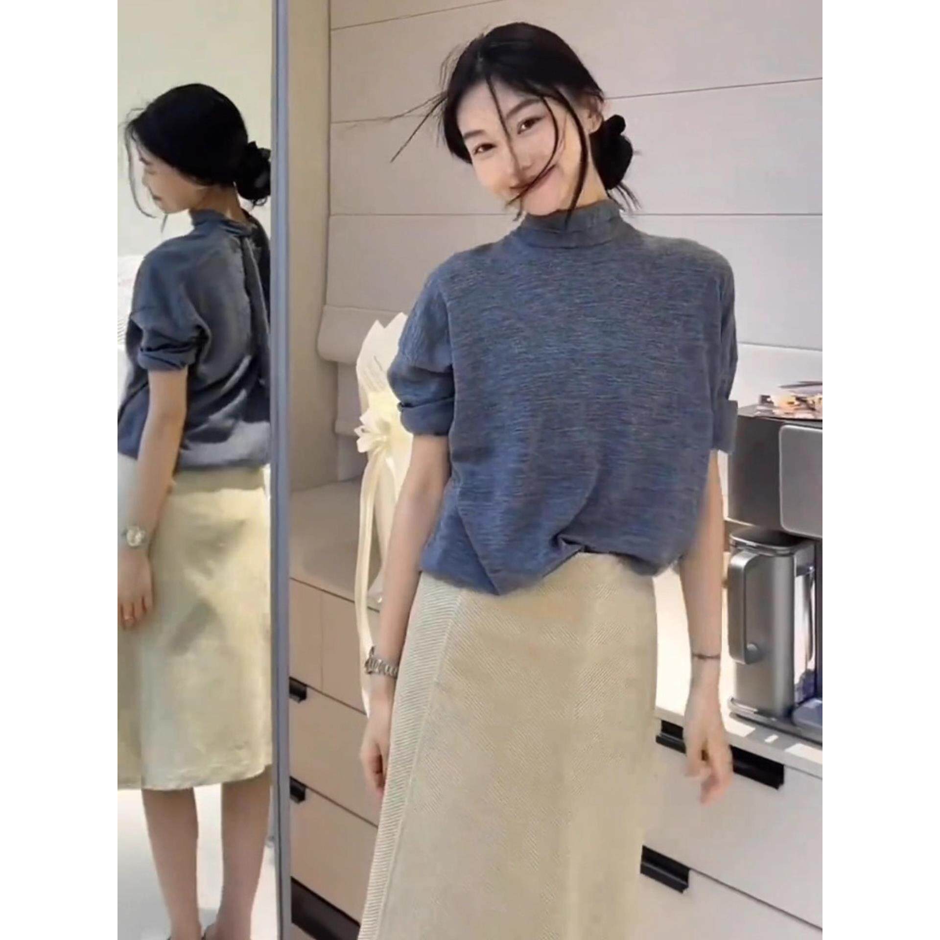 JOYIASS法式轻熟风蓝色高领长袖T恤女装秋冬季2025新款外贸原单飘