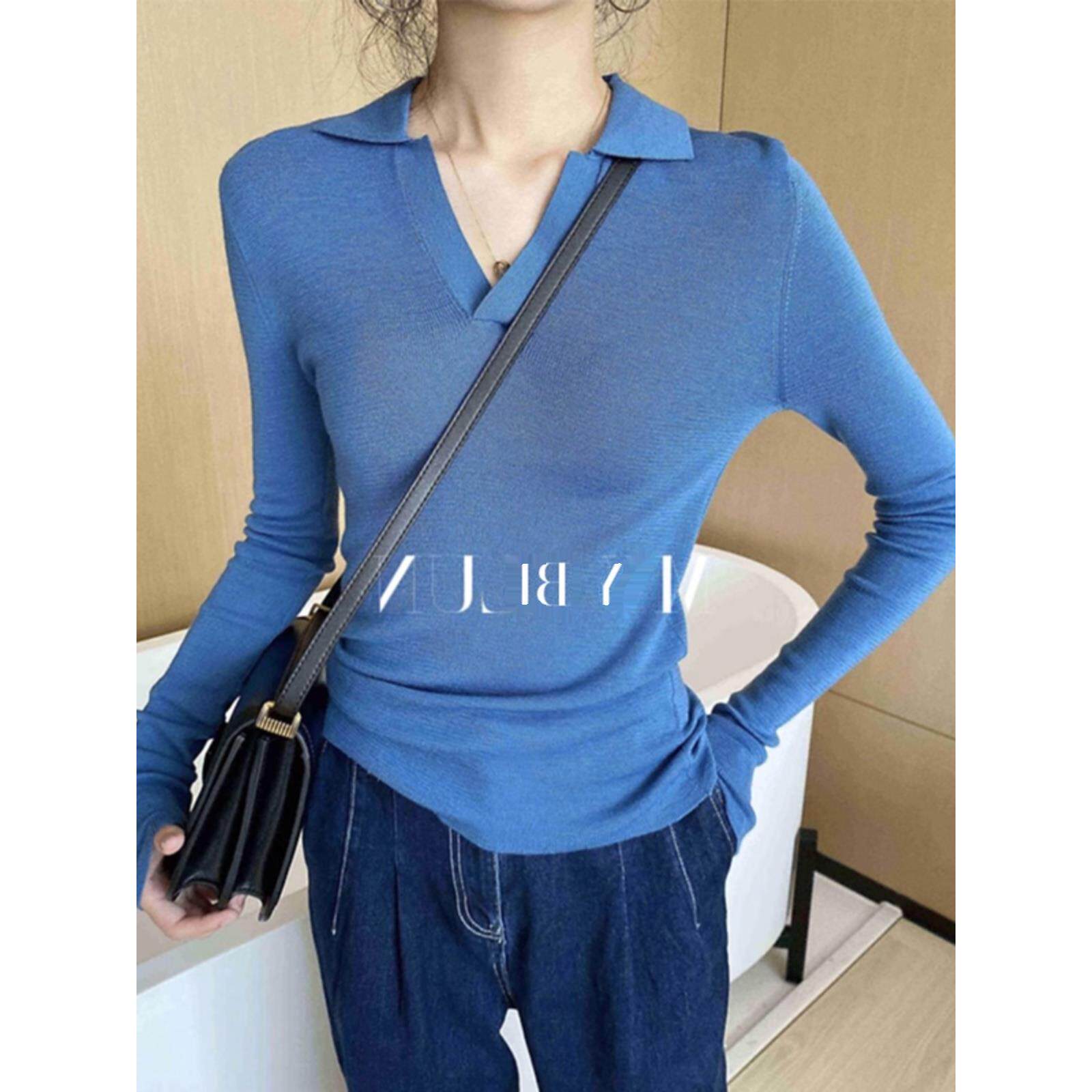 JOYIASS克莱因蓝色polo领针织衫女装秋冬季2025新款外贸原单上衣