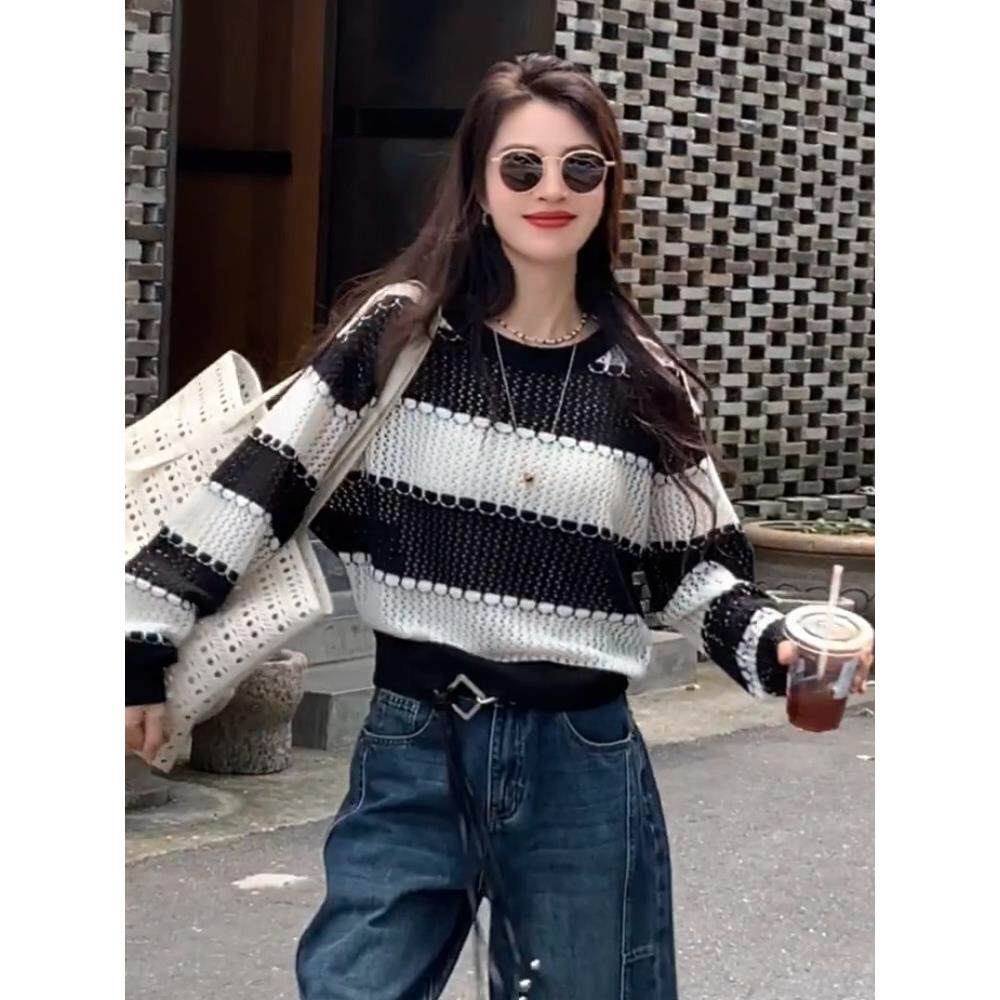 JOYIASS黑白条纹长袖镂空针织衫上衣女装秋季2025新款外贸原单减
