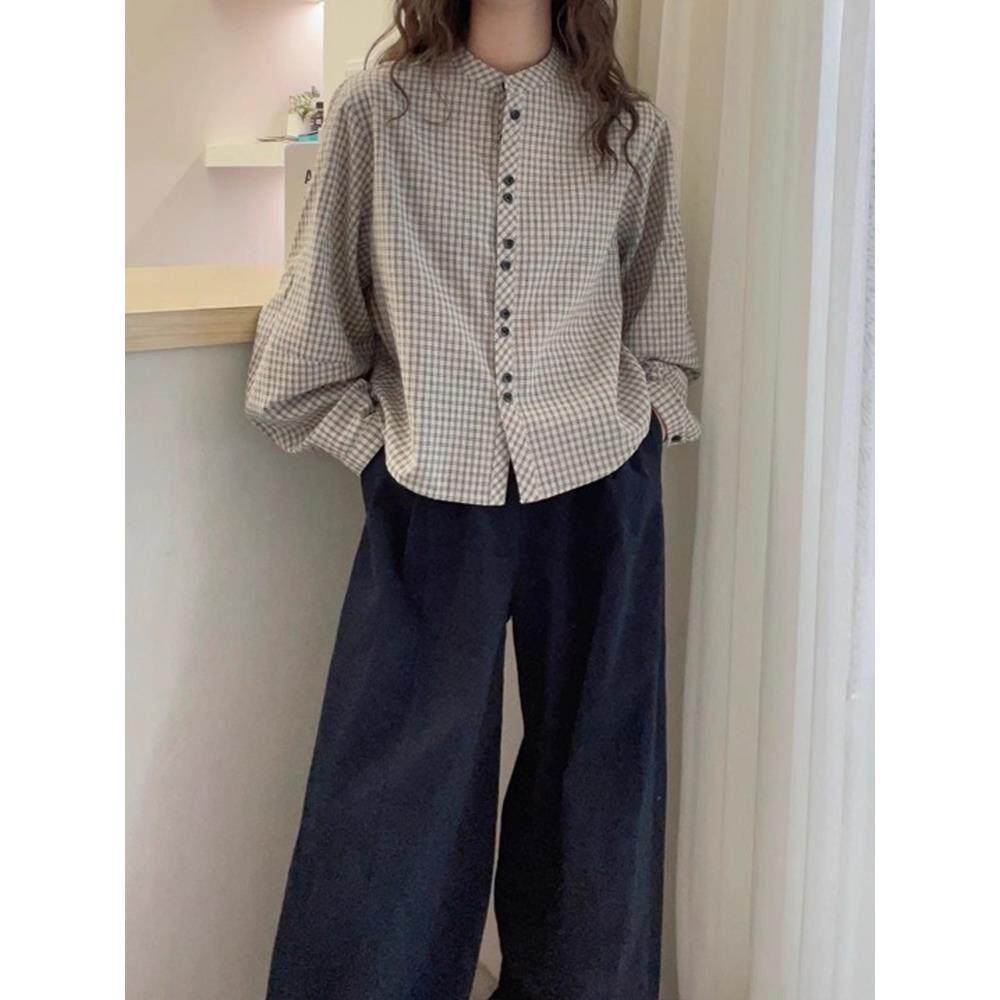 JOYIASS韩系立领格子圆领衬衫女装秋冬季2025新款外贸原单法式叠