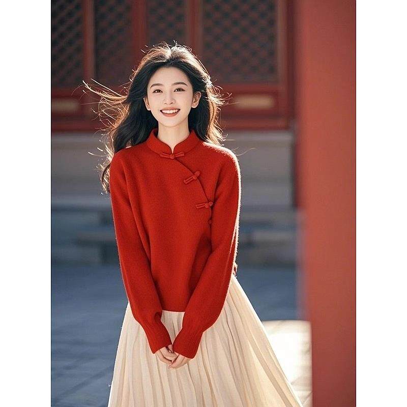 JOYIASS新中式国风立领红色盘扣毛衣女装秋季2025新款外贸原单针