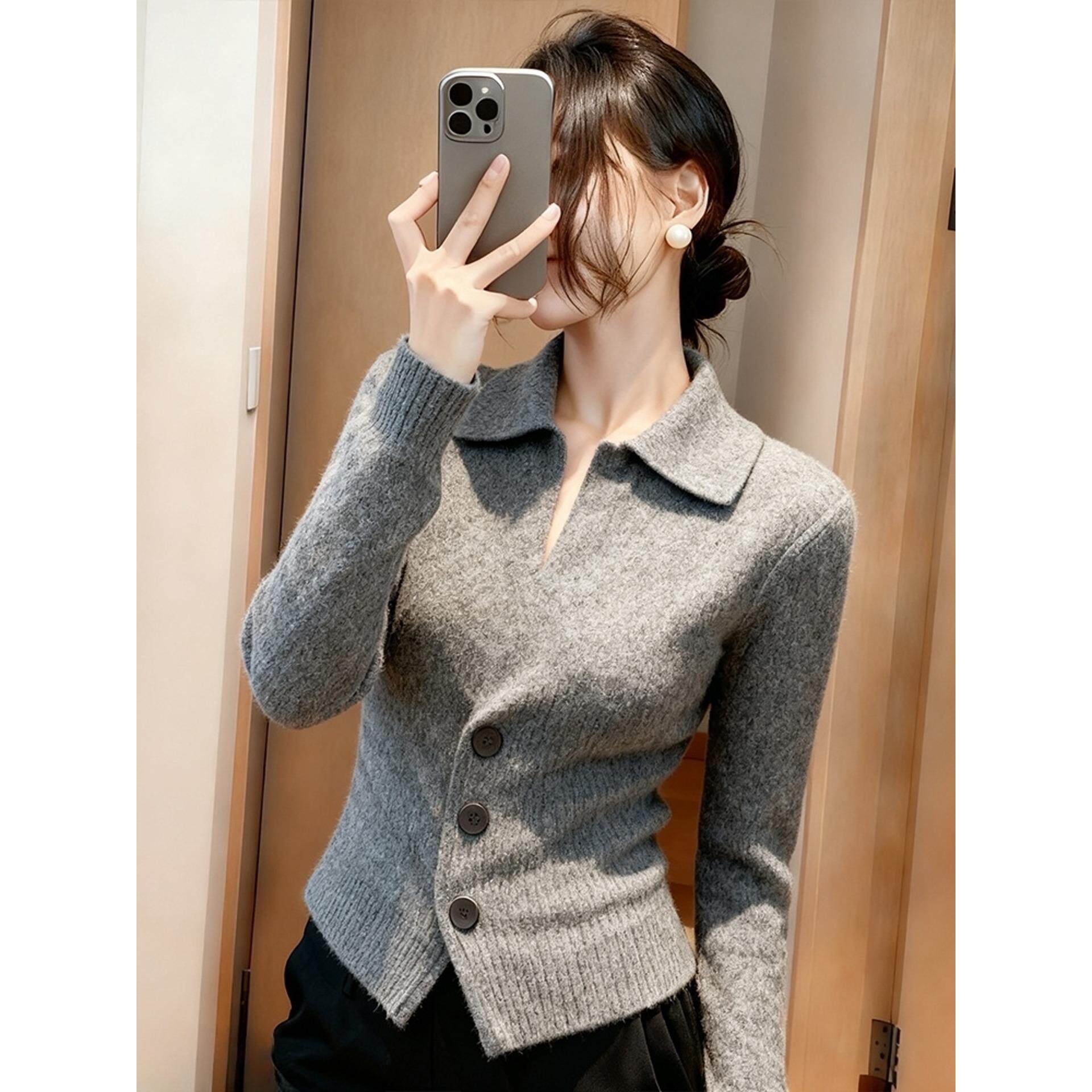 JOYIASS松弛感翻领灰色毛衣女装秋冬季2025新款外贸原单高级感针