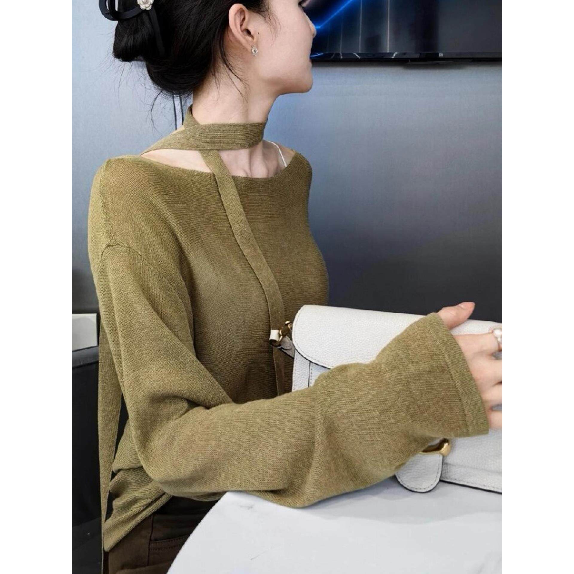 JOYIASS飘带芥末绿针织衫女装秋季2025新款外贸原单上衣早秋韩系