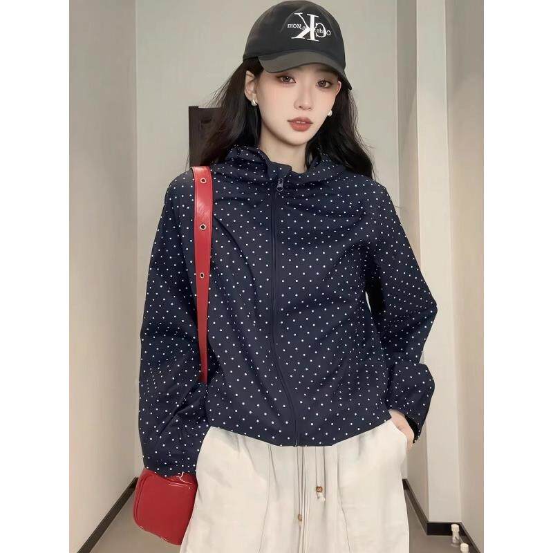 JOYIASS波点连帽冲锋衣短款外套女装秋季2025新款外贸原单薄休闲
