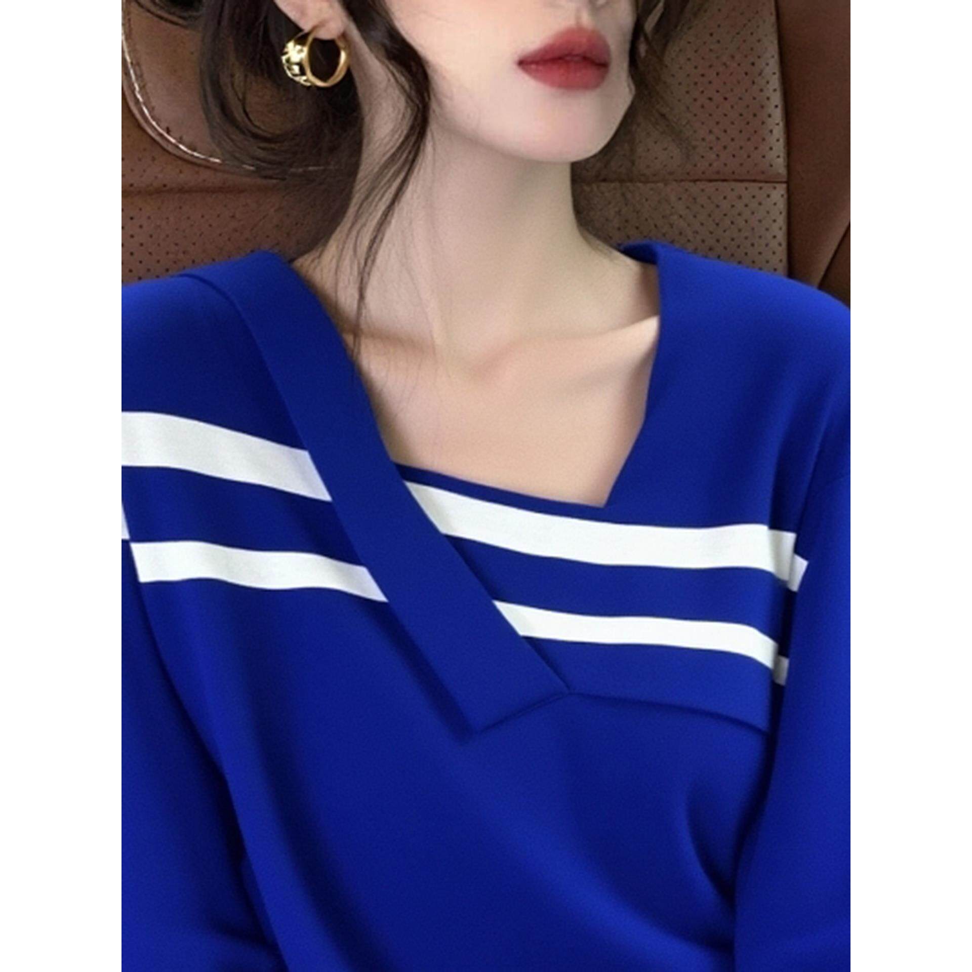 JOYIASS上衣女装秋季2025新款外贸原单洋气减龄松弛感气质蓝色针