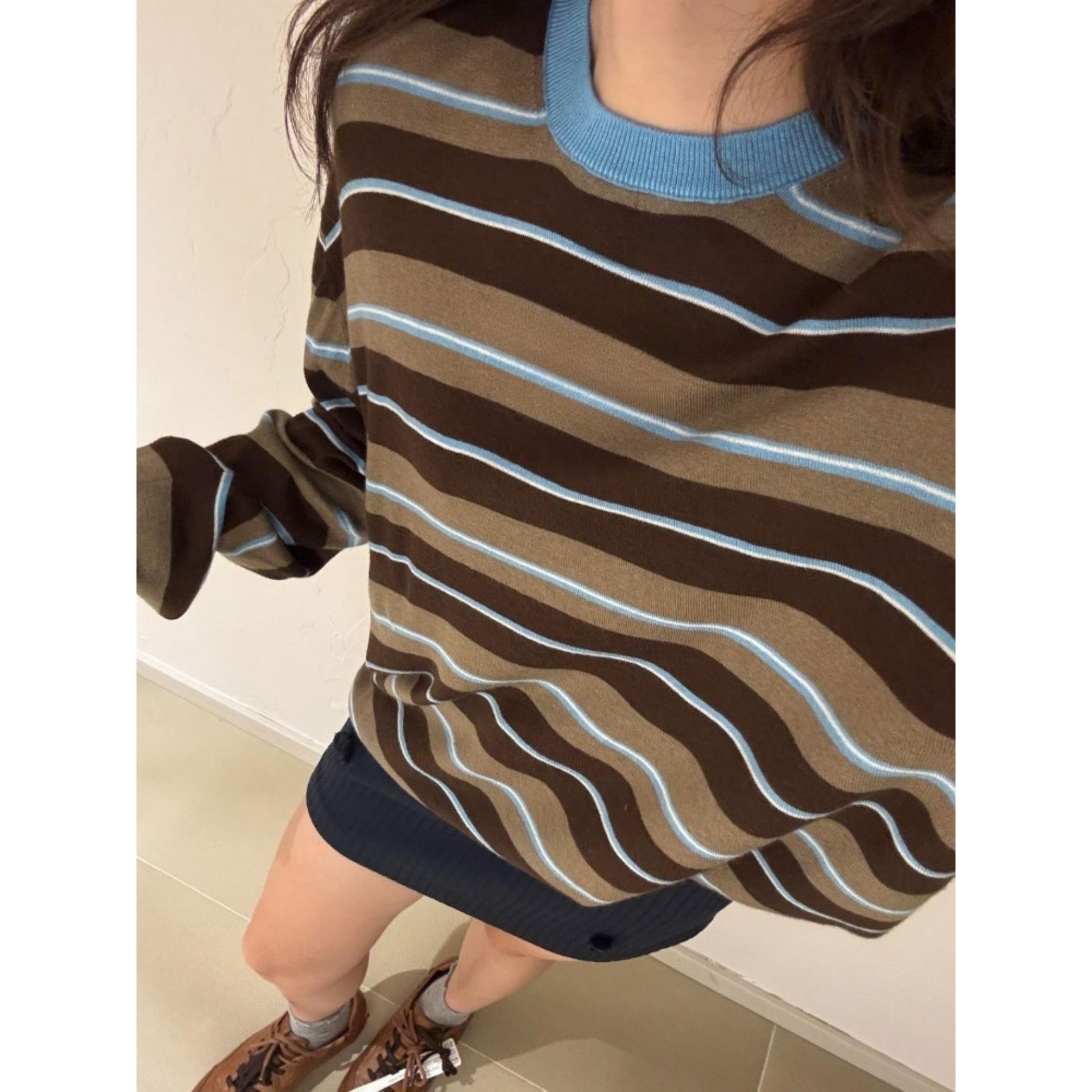 JOYIASS咖色条纹长袖针织衫女装秋冬季2025新款外贸原单绝美巨好