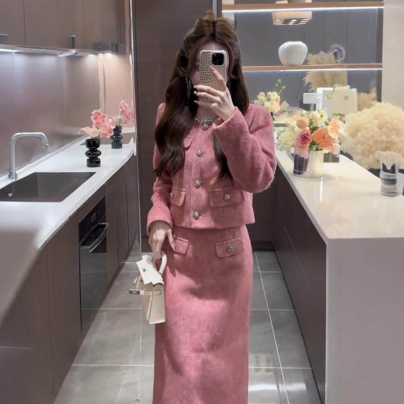 KATTERLLG粉色小香风时尚套装女秋冬名媛富家千金短款外套高腰半