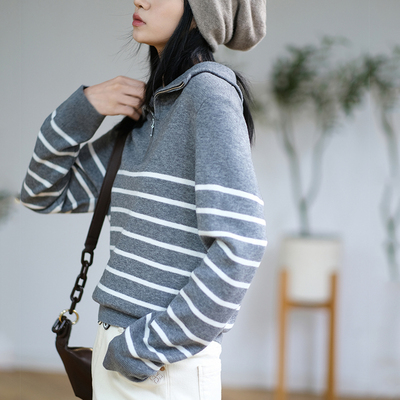 那禾新品简约知性风横条纹毛衣女ND43TH0417