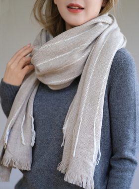 那禾新品山羊绒绵羊毛保暖百搭条纹围巾女NP11JA8005