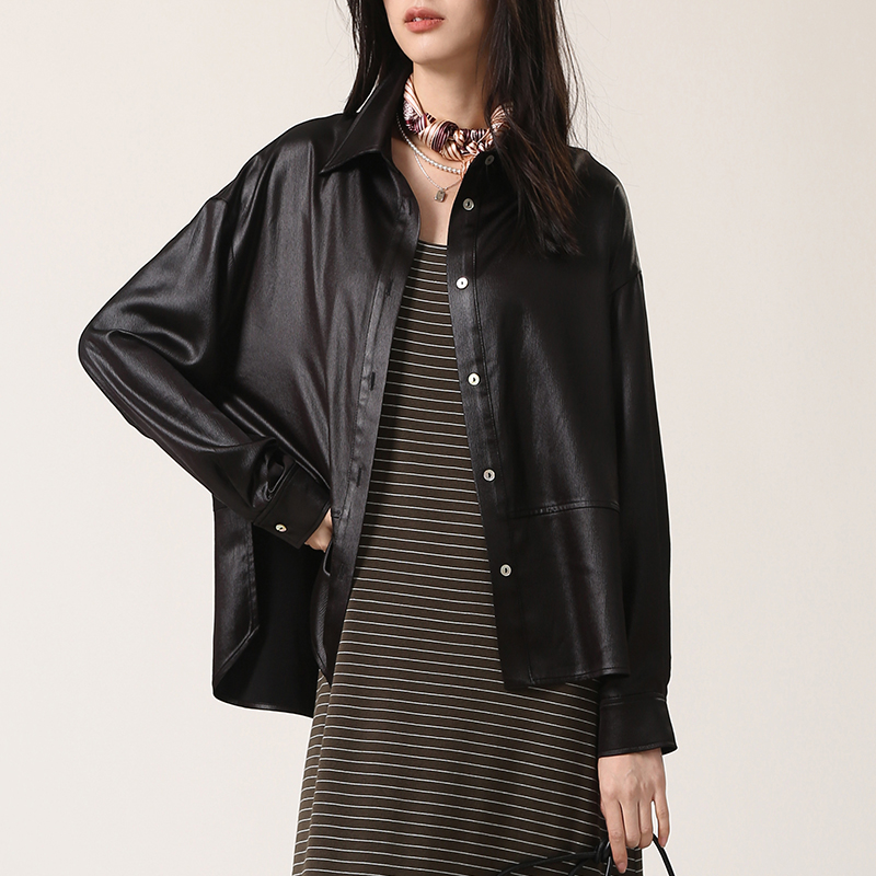 那禾新品长袖仿皮廓形衬衫薄款女NW51WQ0612