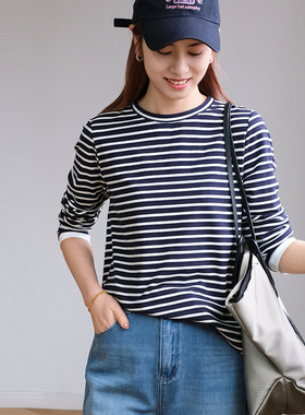 那禾新品圆领条纹T恤女休闲百搭上衣NW61TY0011