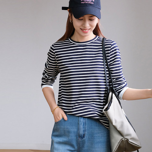 那禾新品圆领条纹T恤女休闲百搭上衣NW61TY0011